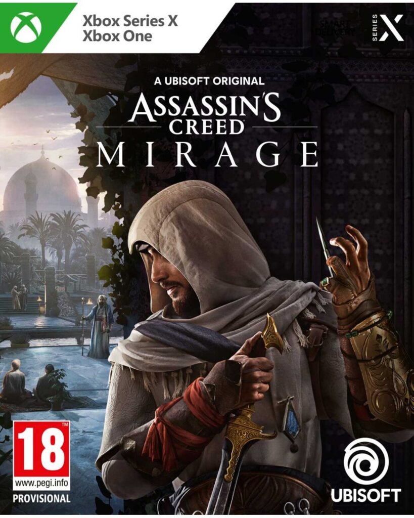 Assassins Creed Mirage Xbox Series X and Xbox One video game cover art showing the protagonist in a hood with a blade.