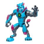 Blue cybernetic saber-toothed cat action figure with pink crystal accents and articulated limbs against a white background.