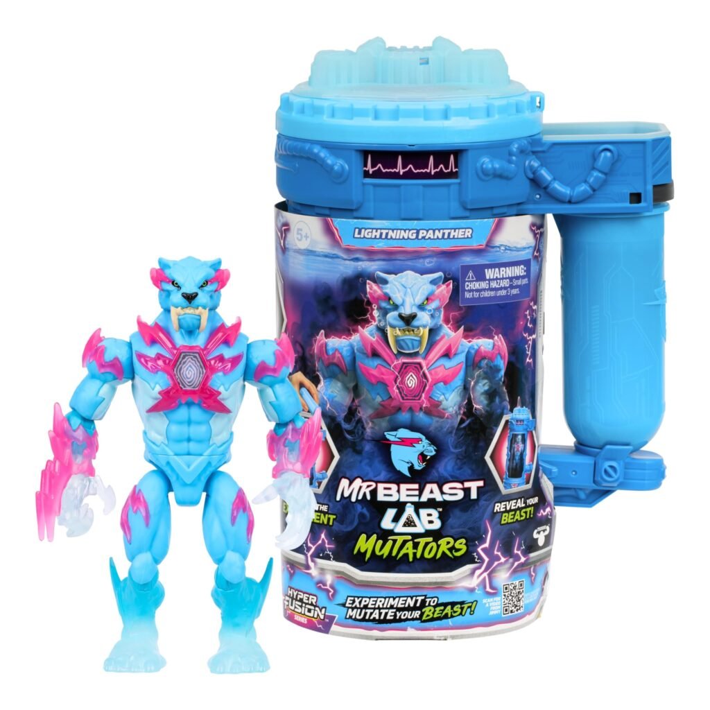 MrBeast Lab Mutators Lightning Panther action figure and blue containment chamber toy set.