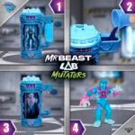 MrBeast Lab Mutators action figure toy set showing four steps of the mutation process from test tube to blue and pink monster.