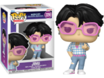 Funko Pop Animation Jinu vinyl figure from KPop Demon Hunters in box and standing outside with pink glasses and plaid shirt.