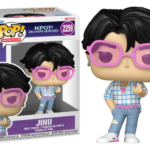 Funko Pop Animation Jinu vinyl figure from KPop Demon Hunters in box and standing outside with pink glasses and plaid shirt.