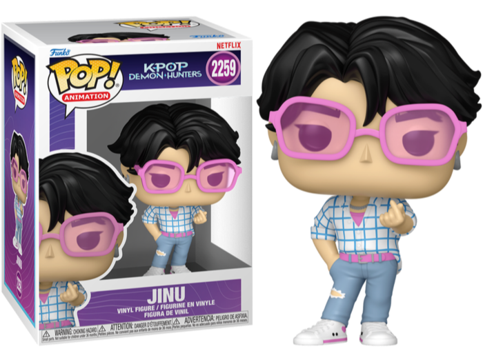Funko Pop Animation Jinu vinyl figure from KPop Demon Hunters in box and standing outside with pink glasses and plaid shirt.