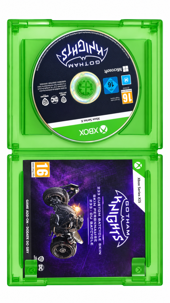 Gotham Knights video game disc and case for Xbox Series X showing the custom Batcycle skin add-on.